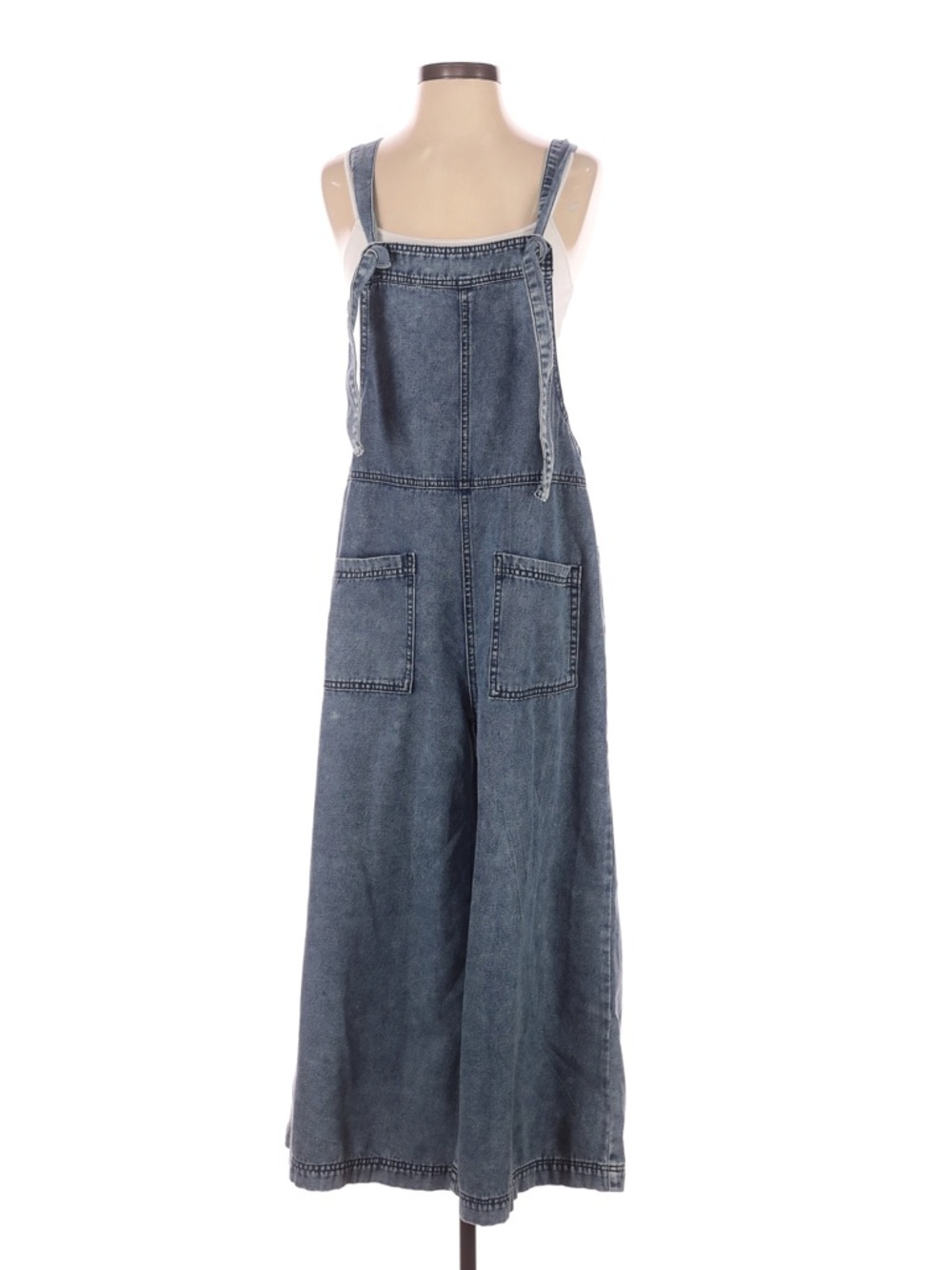 NWT: Easel Sleeveless Lightweight Patch Pocket Tie Denim Cropped Jumper Overalls
